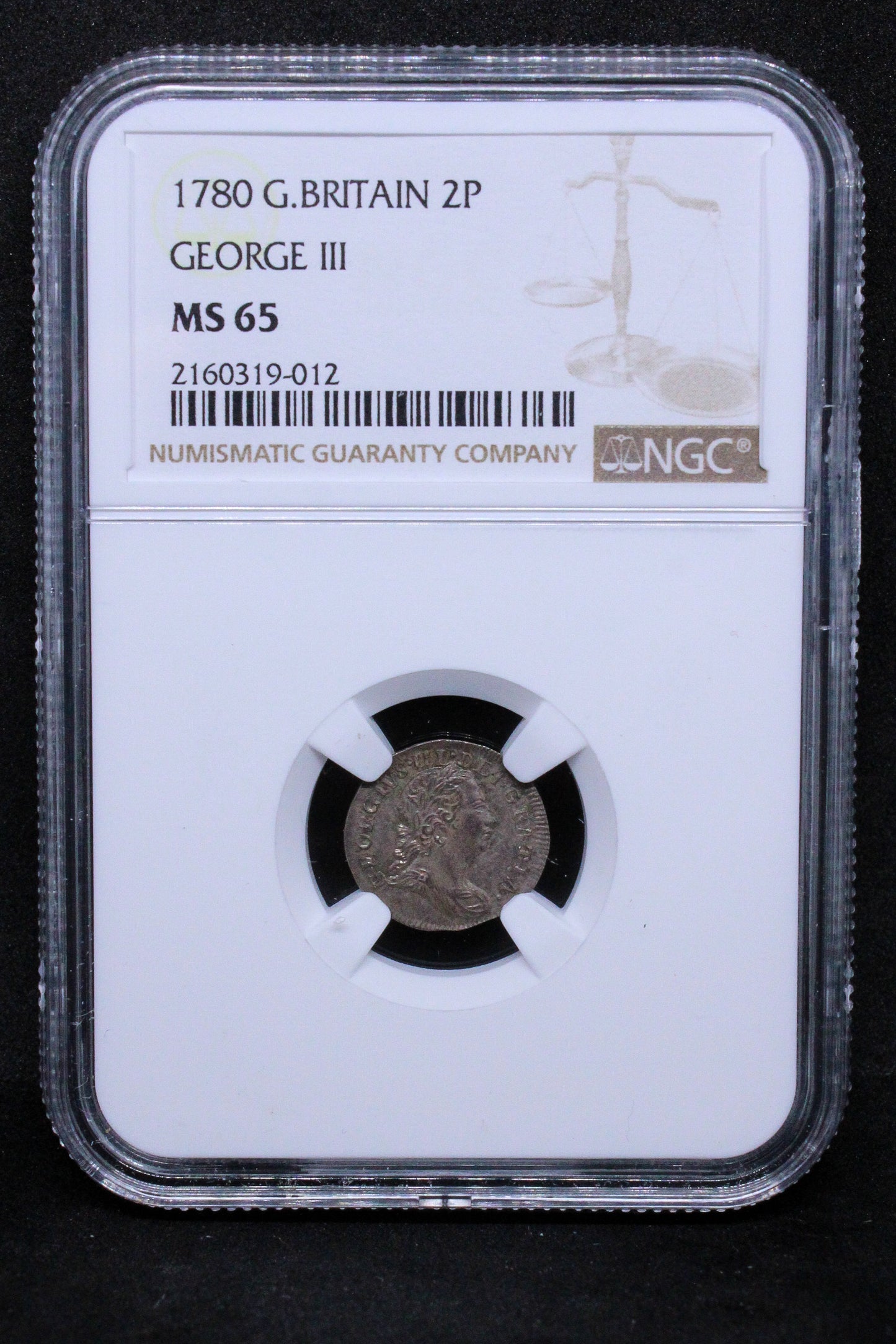 1780 G.BRITAIN 2 PENNY GEORGE III, Maundy Issue .NGC MS 65