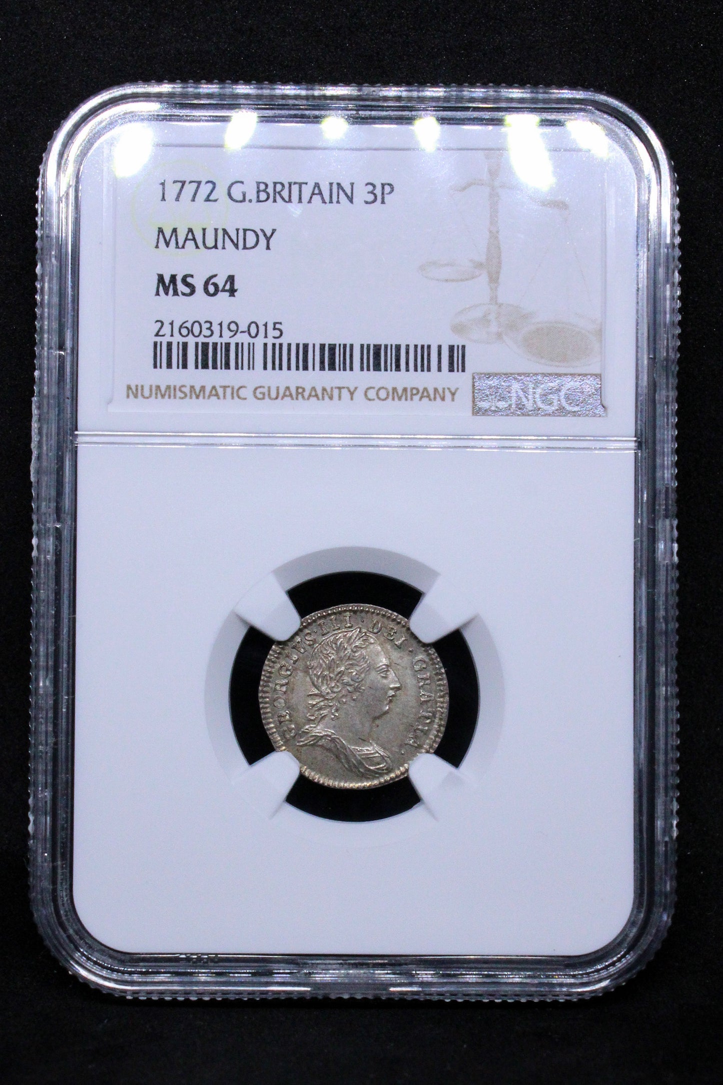 1772 G.BRITAIN 3 PENNY MAUNDY .NGC MS 64 George III