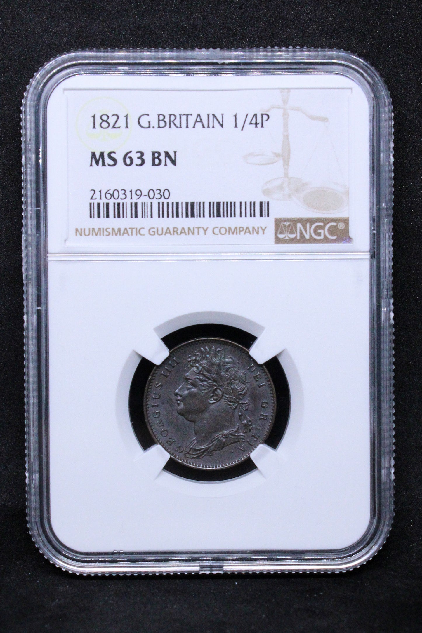 1821 G.BRITAIN FARTHING George IIII .NGC MS 63 BN