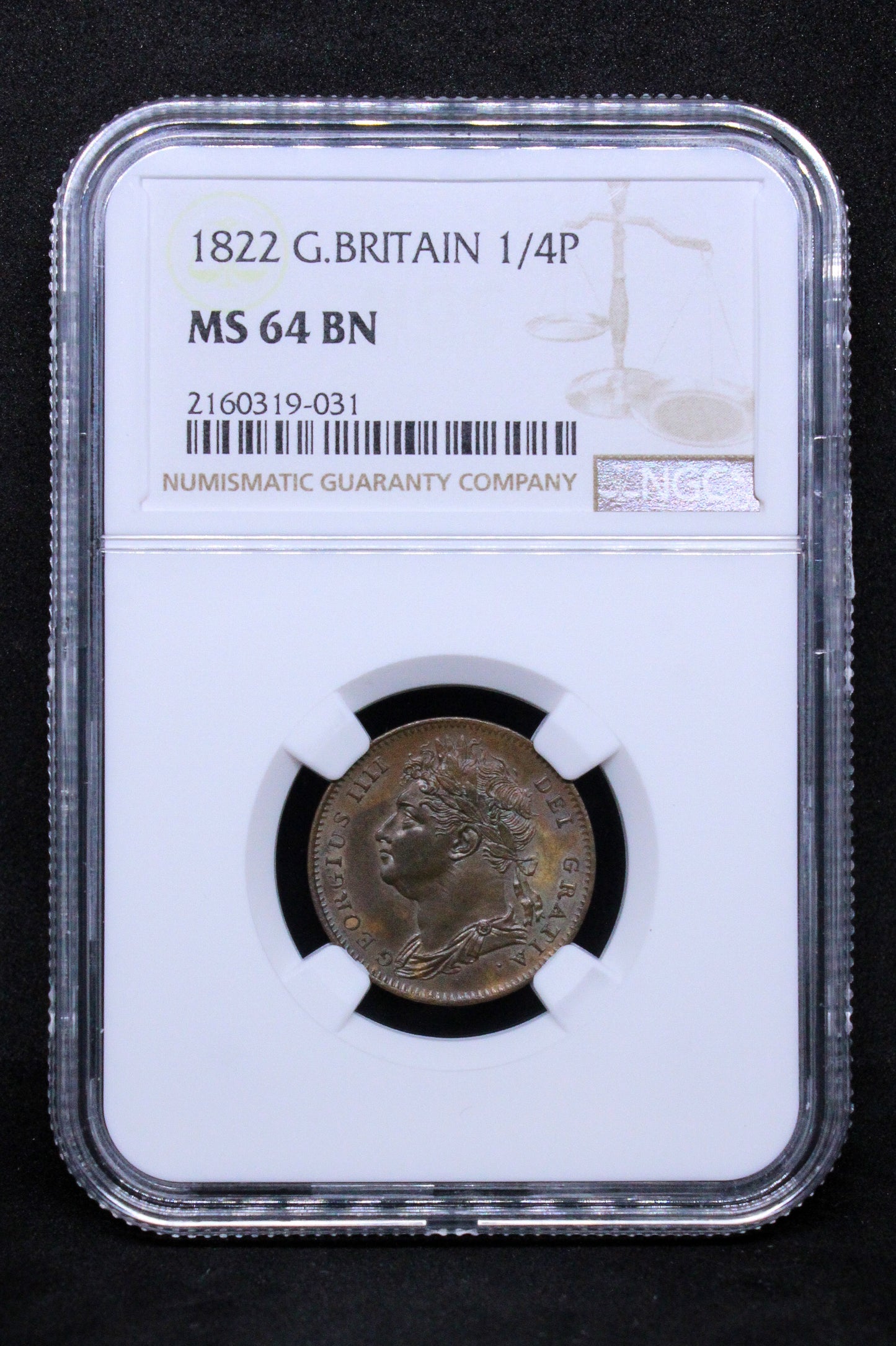 1822 G.BRITAIN FARTHING .NGC MS 64 BN