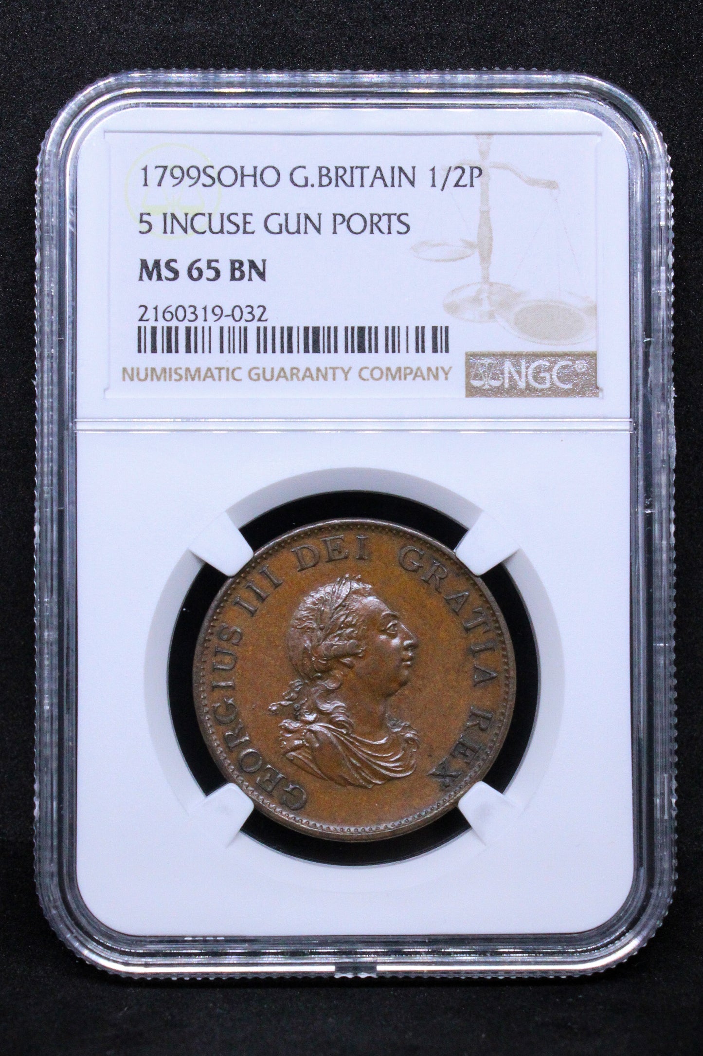 1799 SOHO G.BRITAIN 1/2 PENNY, 5 INCUSE GUN PORTS .NGC MS 65 BN