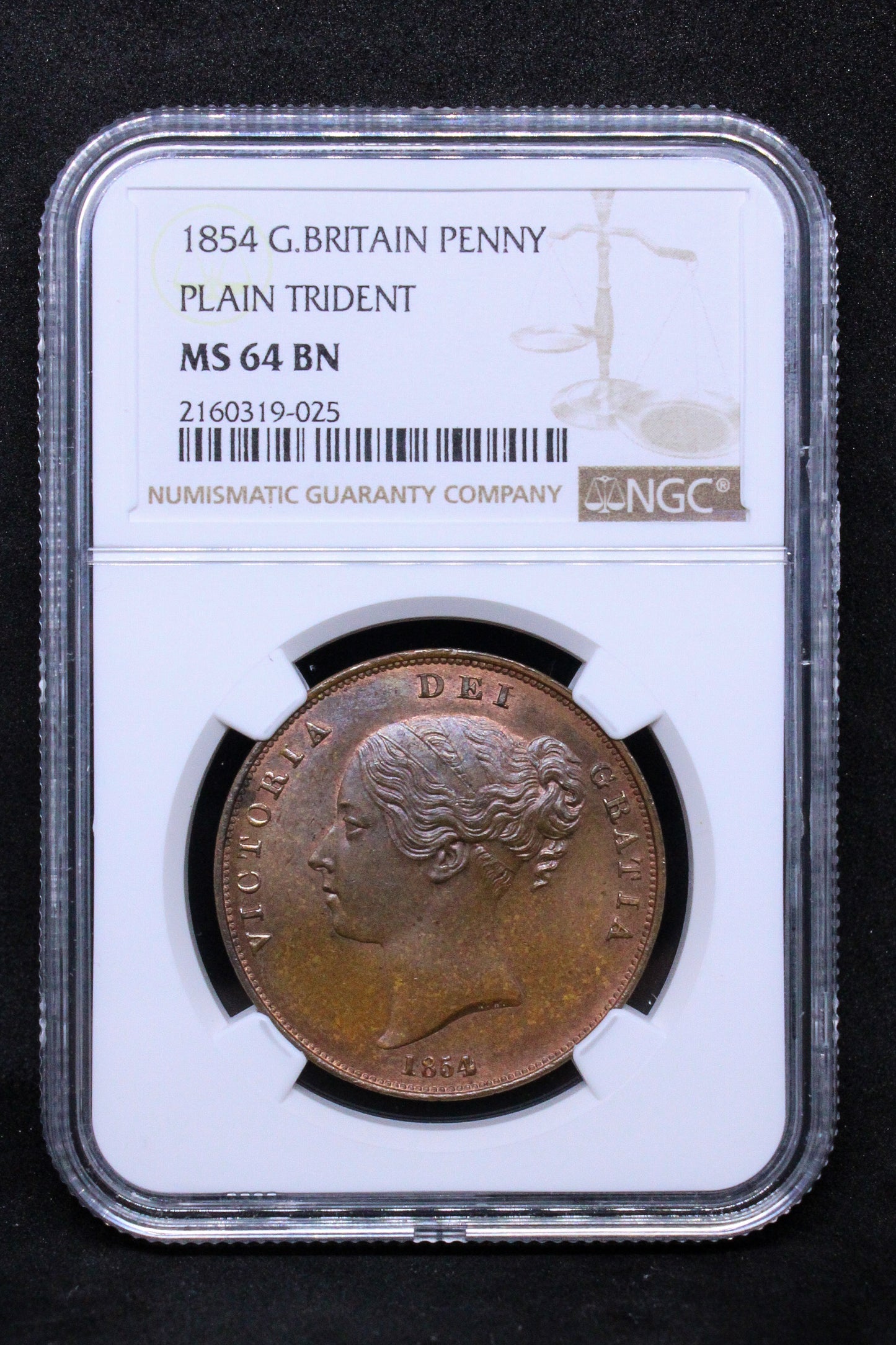 1854 G.BRITAIN PENNY PLAIN TRIDENT , Queen Victoria .NGC MS 64 BN