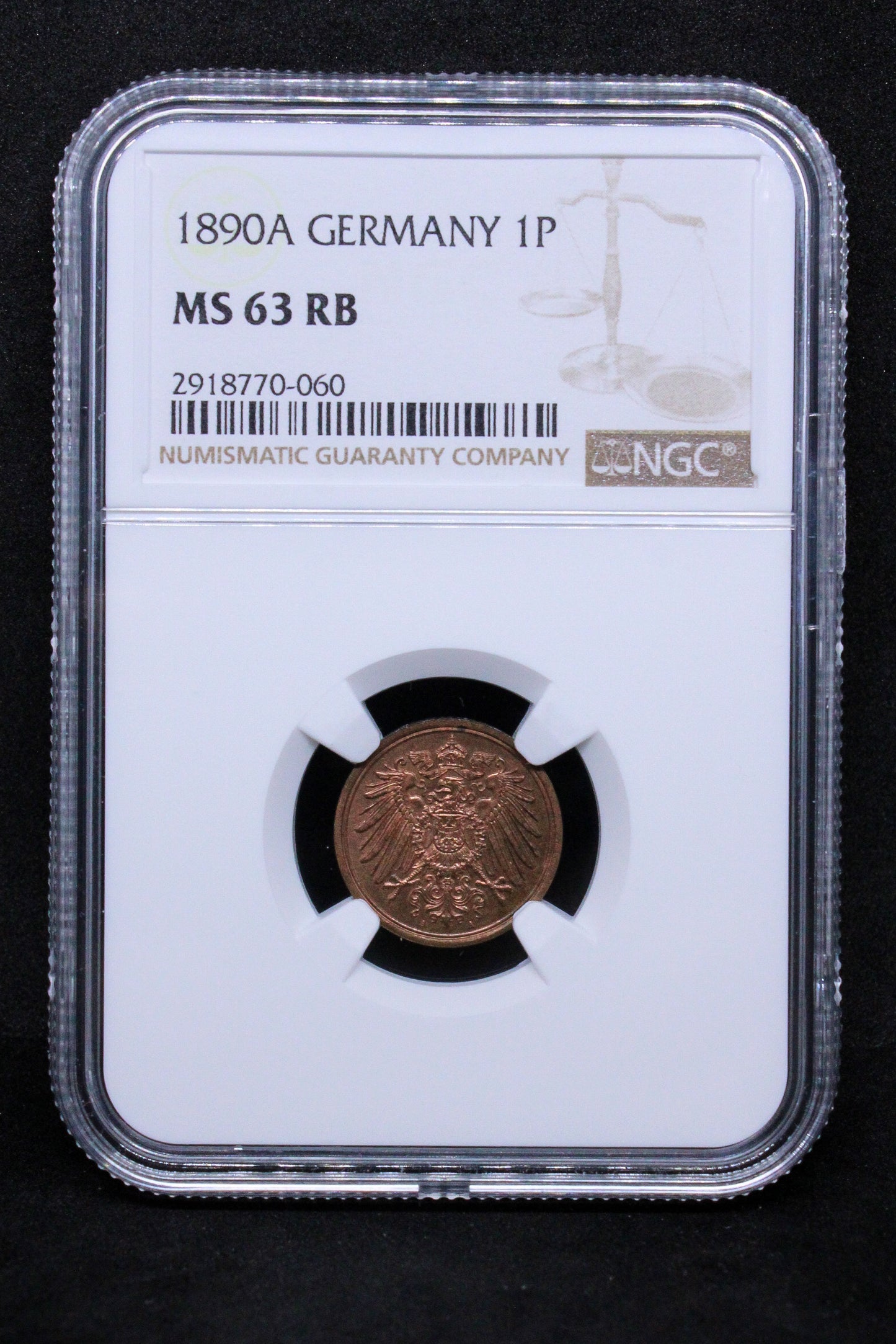 1890A GERMANY 1 PFENNIG .NGC MS 63 RB