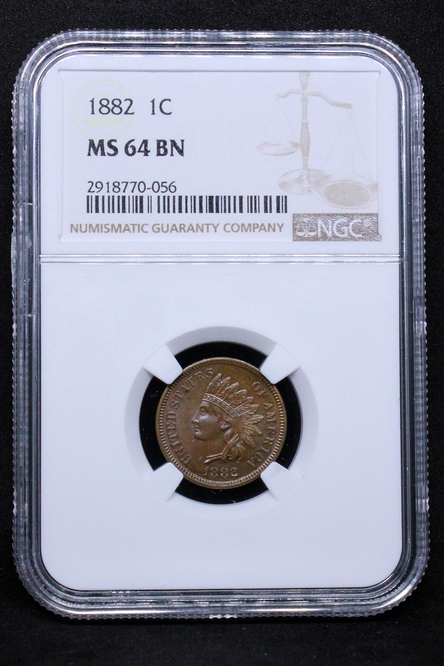 1882 1 CENT USA, INDIAN TYPE .NGC MS 64 BN