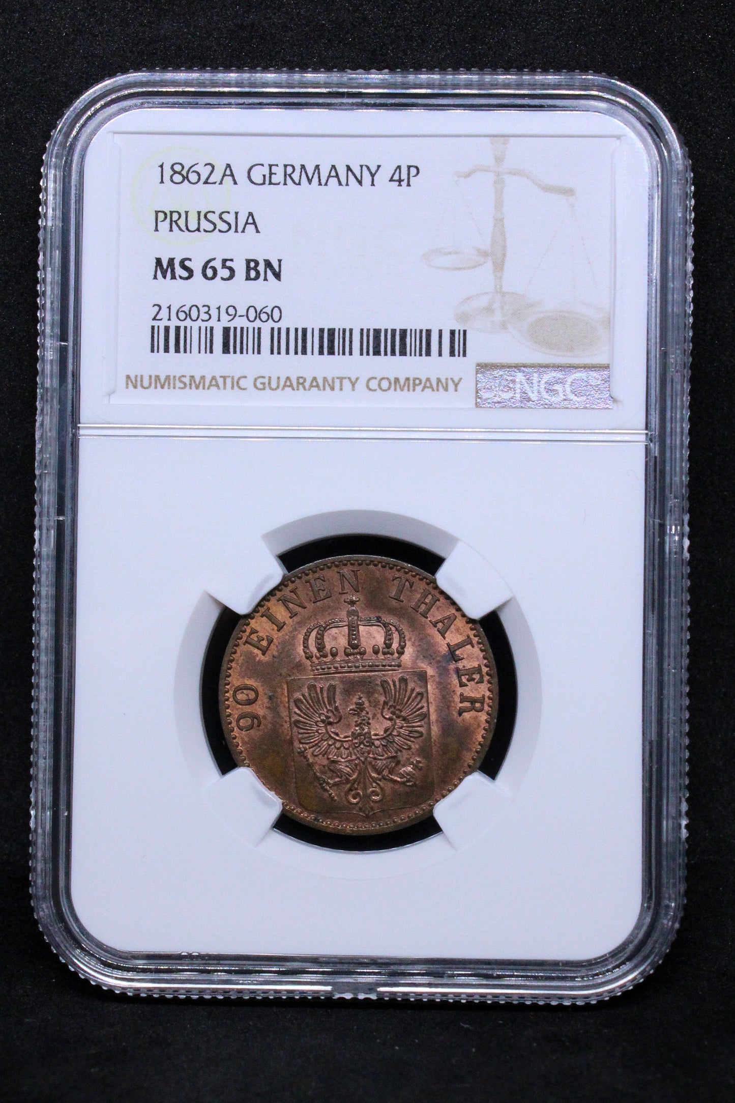 1862A GERMANY 4 PFENNIG PRUSSIA .NGC MS 65 BN