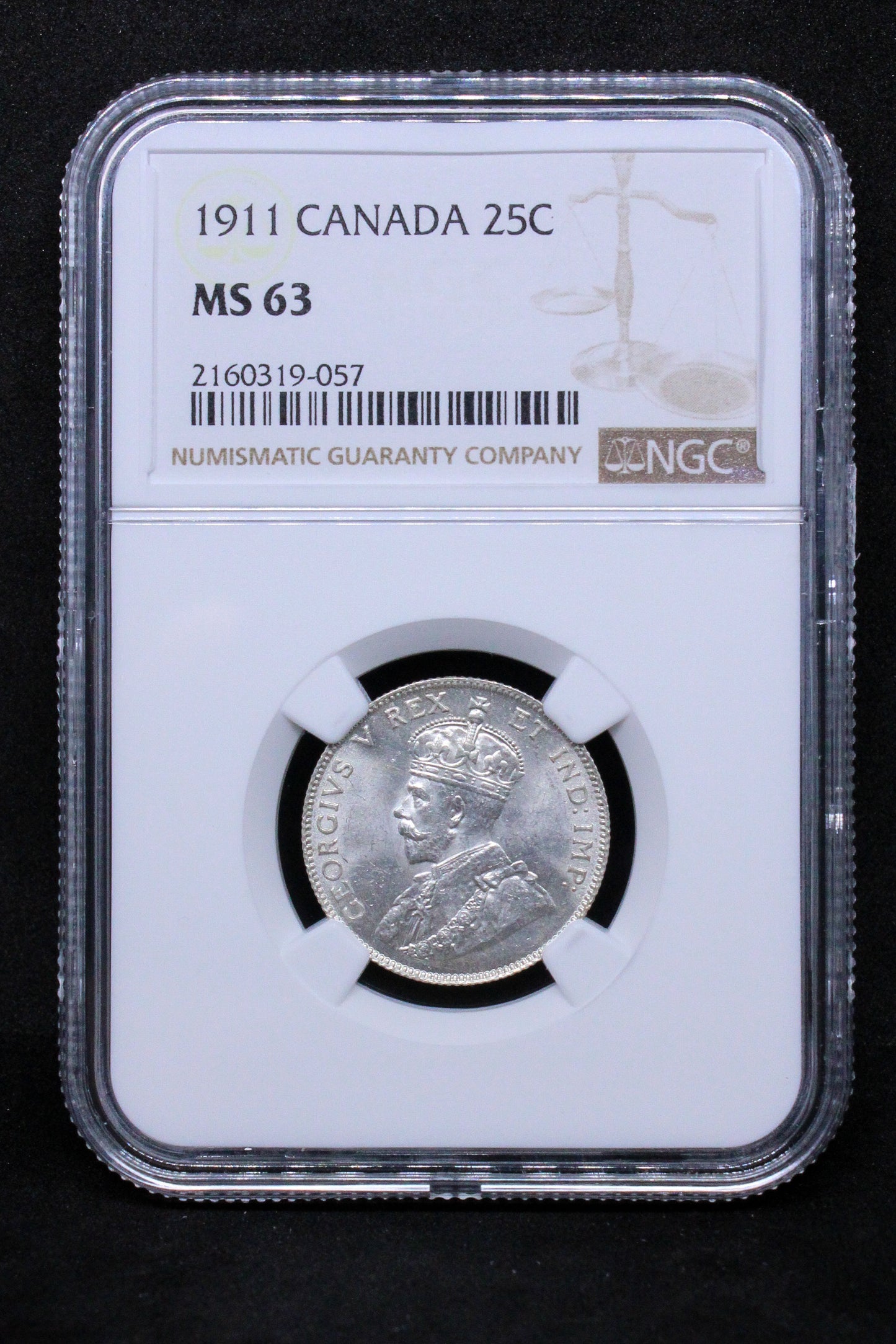 1911 CANADA 25 CENTS , George V .NGC MS 63