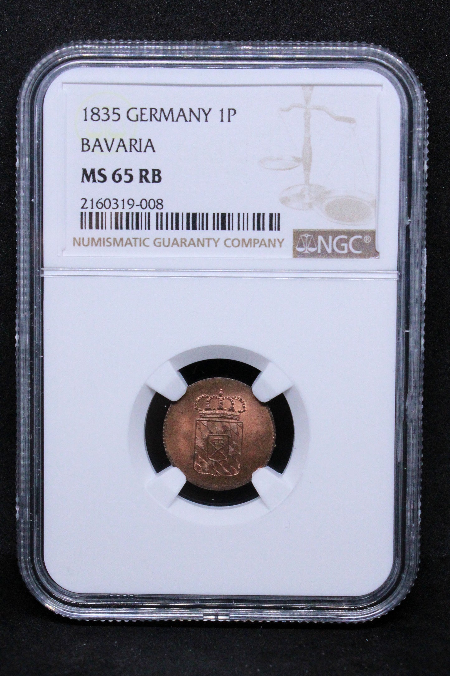 1835 GERMANY 1 PFENNIG BAVARIA .NGC MS 65 RB TOP POP