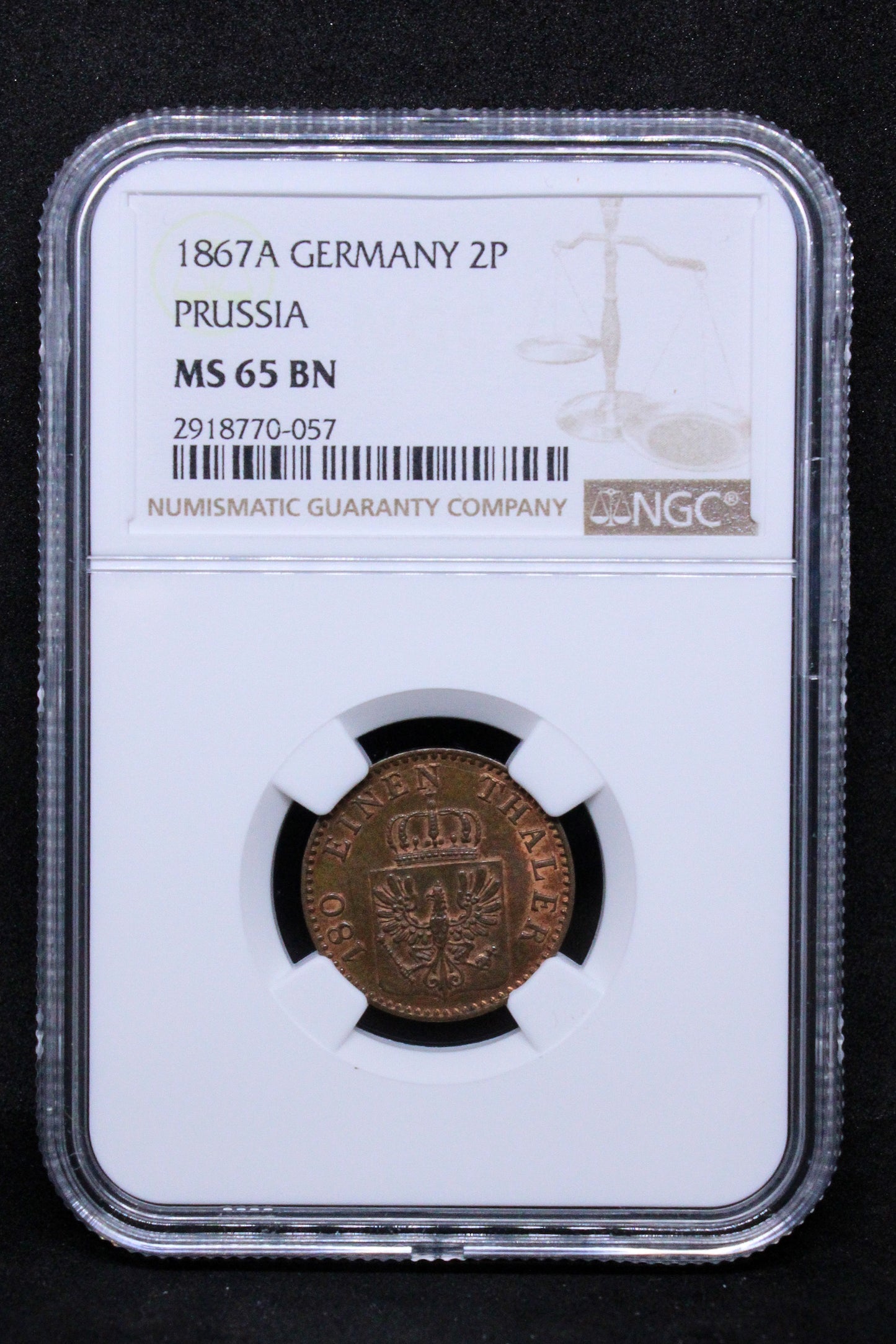 1867A GERMANY 2 PFENNIG PRUSSIA .NGC MS 65 BN