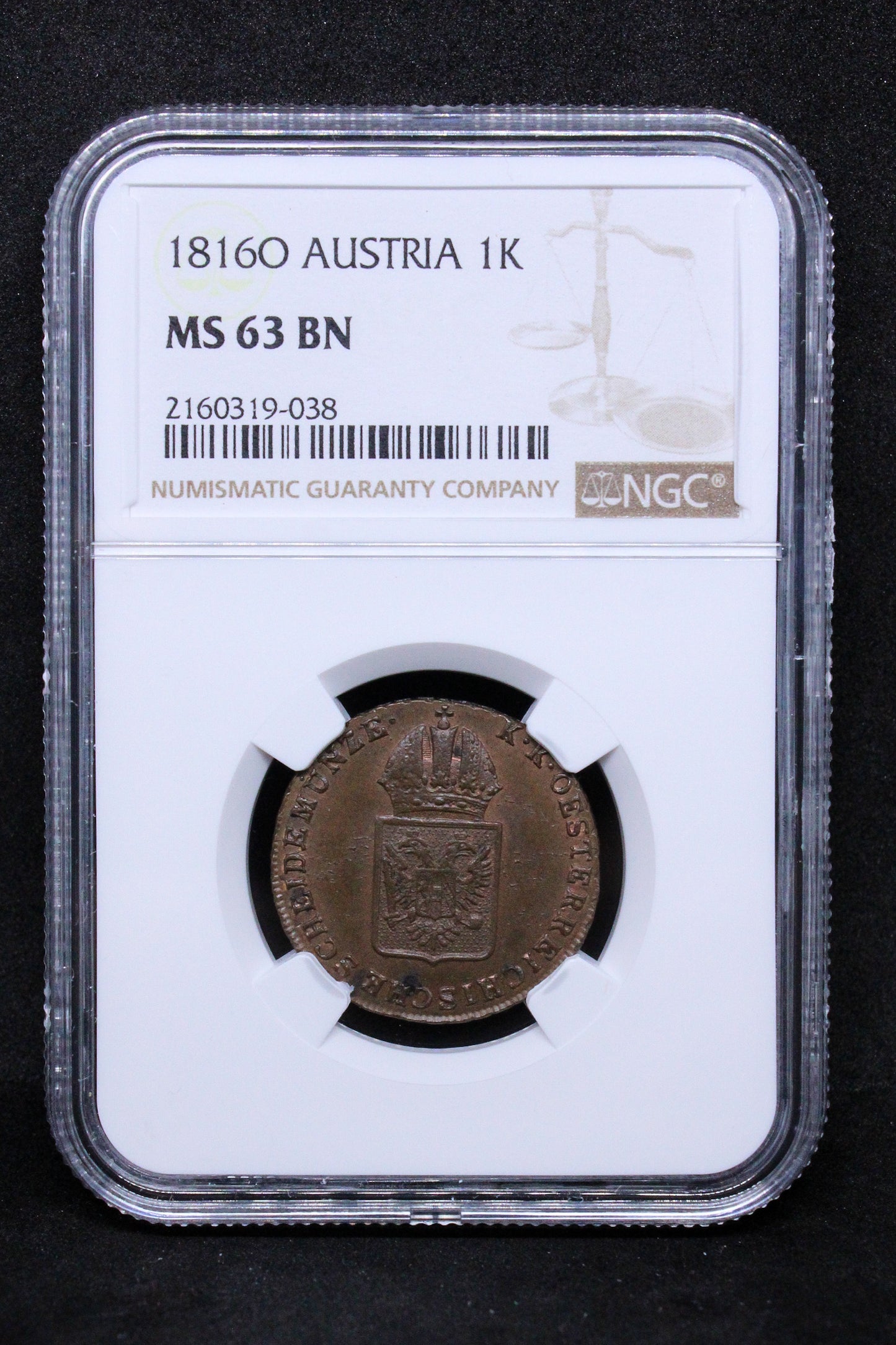 1816O AUSTRIA 1 KREUZER .NGC MS 63 BN