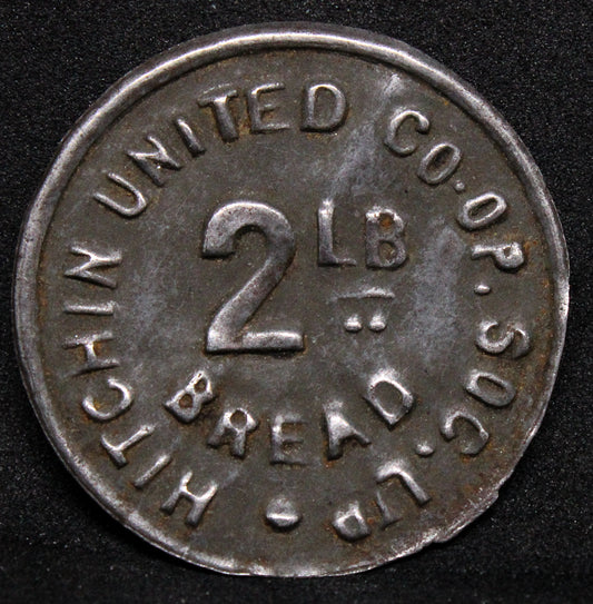 Hitchin United CSL, tinned iron bracteate 2lb Bread, 28mm, Token