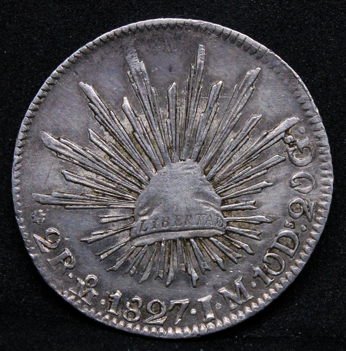 1827 Mo-Jm 2 Reales, Mexico Silver Coin. KM-374.10 aUNC