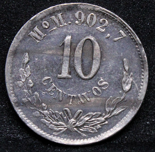 1892 Mo-M 10 Centavos. Mexico Silver Coin. KM-403.7 UNC