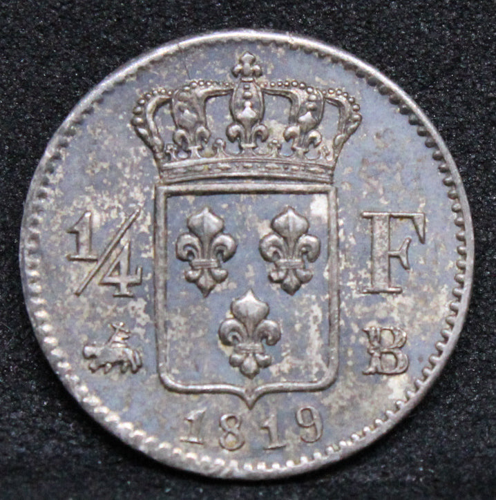 1819 - B (Rouen Mint) 1/4 Franc.  Louis XVIII. KM-714. UNC