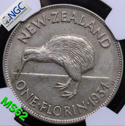 1 Florin 1934. New Zealand George V. KM-4. UNC NGC MS62