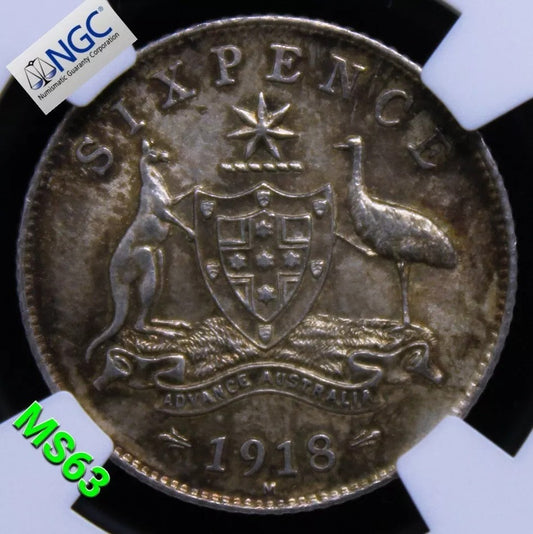 6 Pence 1918. Australia King George V. KM-25. NGC MS63 UNC