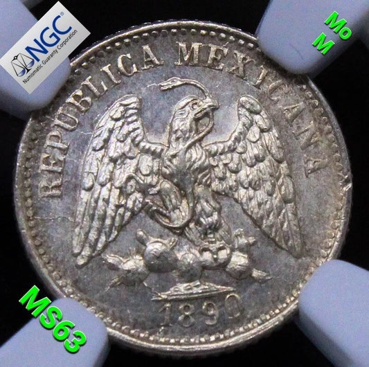 5 Centavos 1890 MO M. Mexico Silver. KM-398. UNC NGC MS63