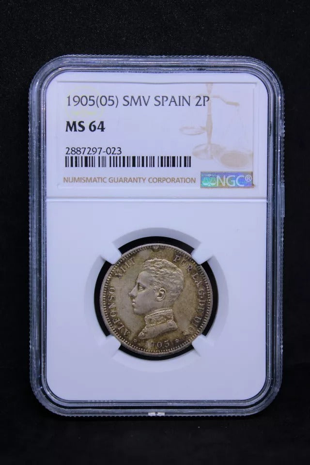 2 Peseta 1905 (05) Spain, Alfonso XIII, KM-725 NGC MS64 UNC