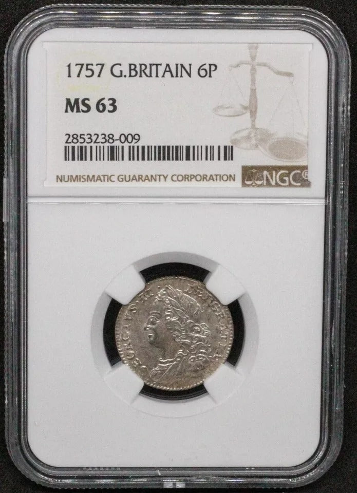 1757 6 Pence, George III. UNC NGC MS63