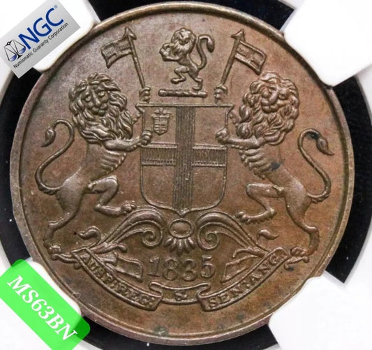 1835 India-British 1/4 Anna KM 446.2 East India Company UNC, NGC MS63 BN