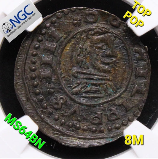 8 Maravedis 1663-M - Felipe IV. Trujillo. KM-171. NGC MS64BN