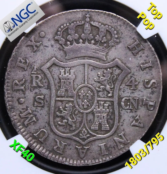 4 Reales 1803/795 S CN (overdate), Spain. KM-431.2. NGC XF40