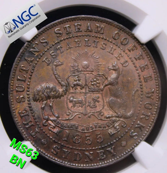 1 Penny 1855. Australia Token, J. Macgregor Sydney KM Tn152 NGC MS63 BN