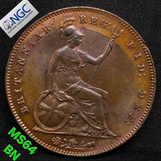 1854 G.BRITAIN PENNY PLAIN TRIDENT , Queen Victoria .NGC MS 64 BN