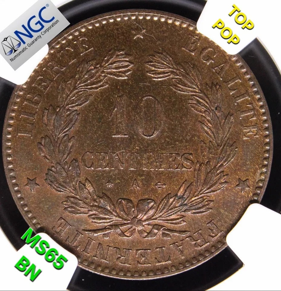 10 Centime 1873-A. France. KM-815.1 UNC NGC MS65 BN Top Pop