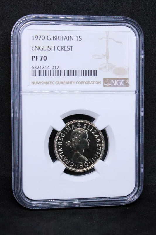 Shilling 1970 Proof English Crest. Elizabeth II. NGC PF70, perfect grade.