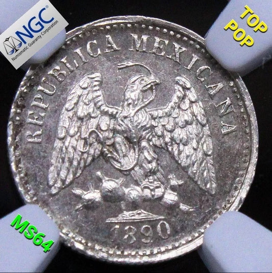 5 Centavos 1890 CN M. Mexico Silver. KM-398. UNC NGC MS64 top pop