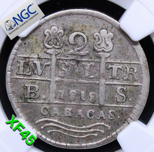 2 Reales 1818, Venezuela Silver. C-6. NGC XF45