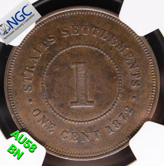 1 cent 1872-H. Straits settlements. Queen Victoria. KM-9. NGC AU58, rare