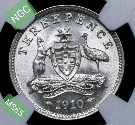 1910 3 Pence, Australia Silver Coin. King Edward Vii. BU NGC MS65 KM-18