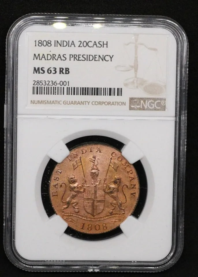 1808 East India Company 20 Cash, UNC NGC MS63 RB, Madras Presidency KM-321