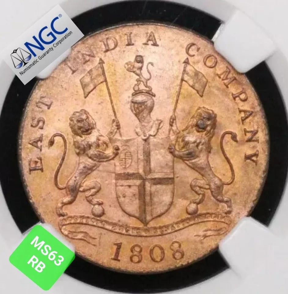 1808 East India Company 20 Cash, UNC NGC MS63 RB, Madras Presidency KM-321