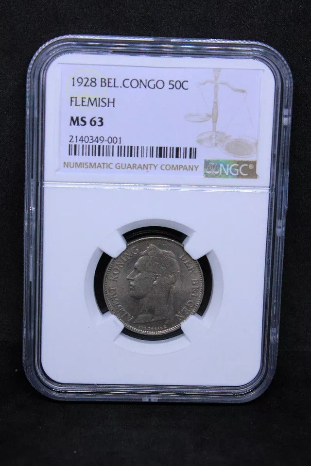 50 Centimes 1928, Belgian Congo, Flemish. KM-22. NGC UNC MS63