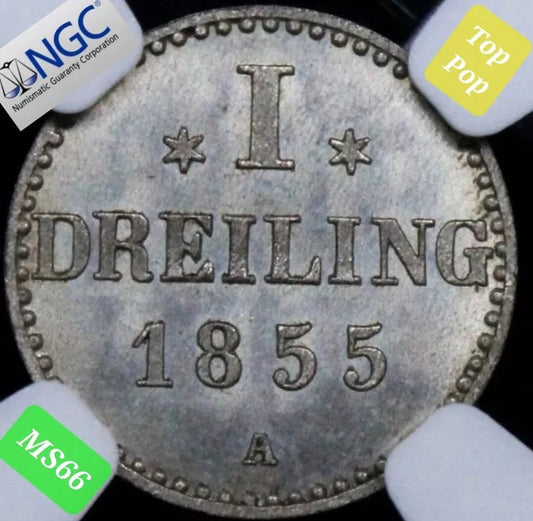 1 Dreiling 1855-A, Free City Of Hamburg. NGC MS66 Top Pop KM-582