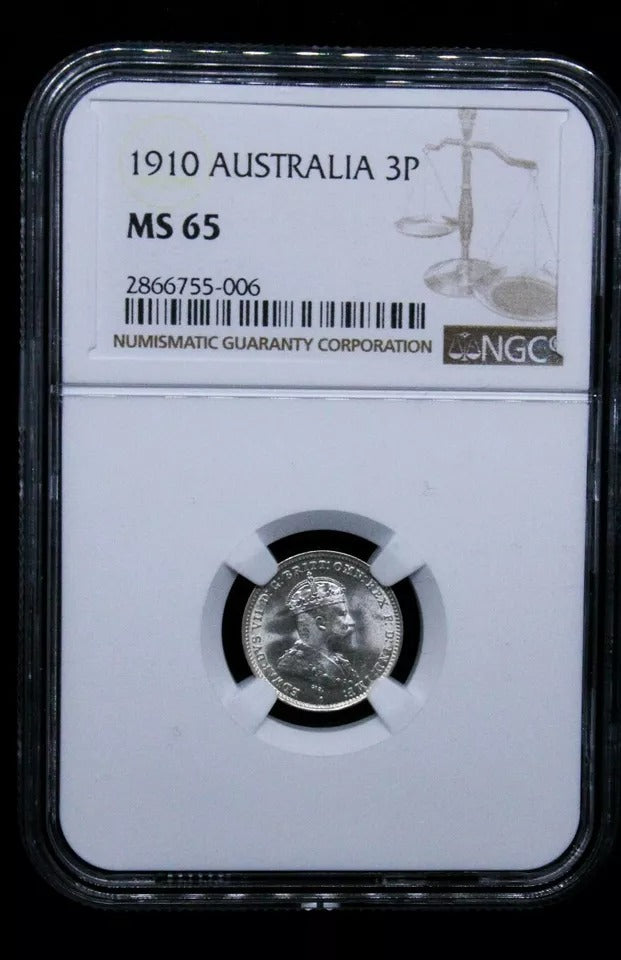 1910 3 Pence, Australia Silver Coin. King Edward Vii. BU NGC MS65 KM-18