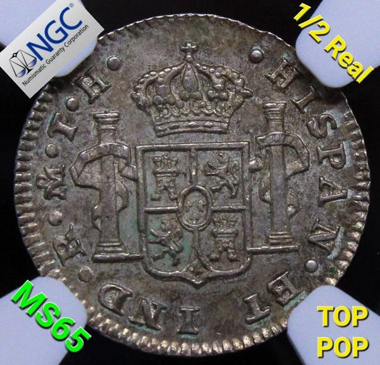 1/2 real 1808 Mo-Th. Mexico, Charles IV. KM-72. NGC MS65. Top Pop