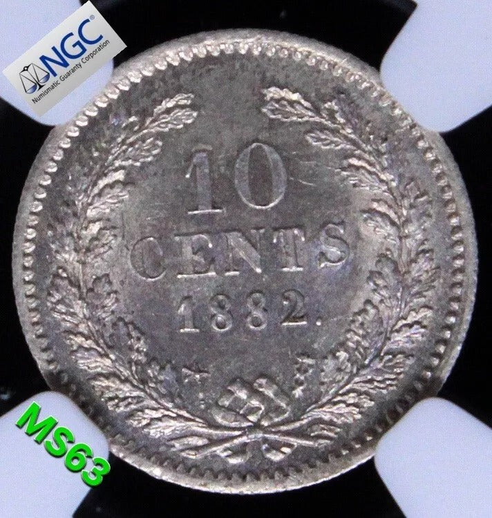 10 cents 1882, Netherlands. William III. KM-80. UNC NGC MS63