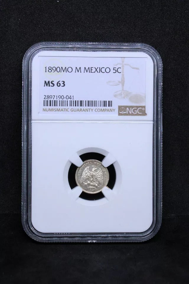 5 Centavos 1890 MO M. Mexico Silver. KM-398. UNC NGC MS63