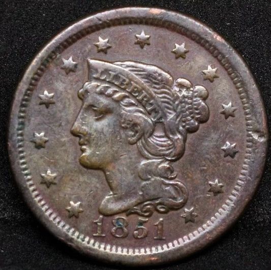 1 Cent 1851 USA Braided Hair Cent. United States 1C VF/nEF