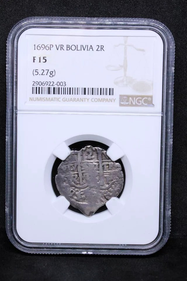 1696 P VR 2 Reales, Bolivia. Spanish Colonial Carlos II. KM-24 NGC F15