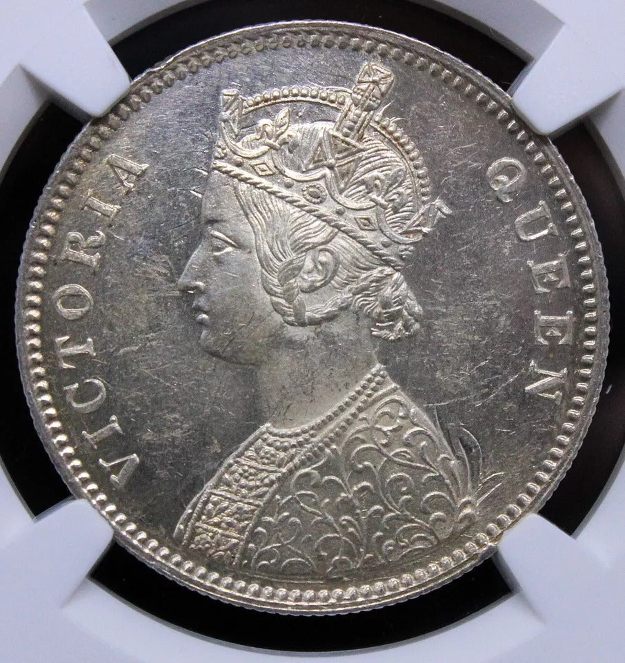 1862 India-British Rupee Victoria KM 473.1 ..... 0/4 beads. UNC NGC MS62