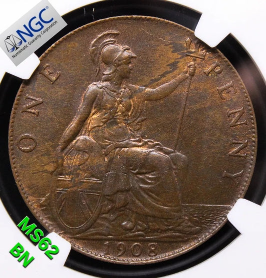 1 Penny 1908. Edward VII. S.3990 NGC UNC MS62 BN