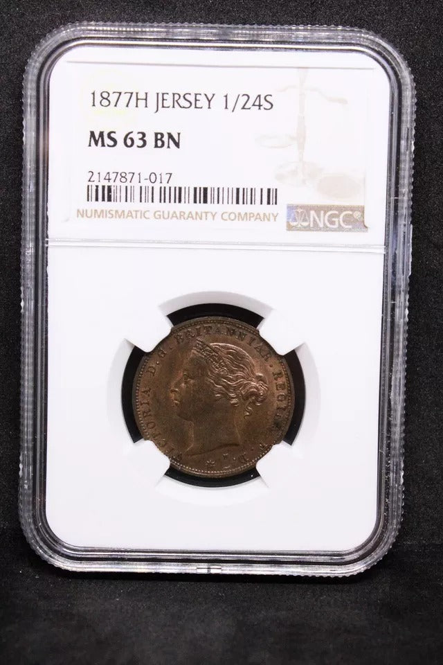 1/24 Shilling 1877, Jersey Issue. KM-7 UNC NGC MS63 BN