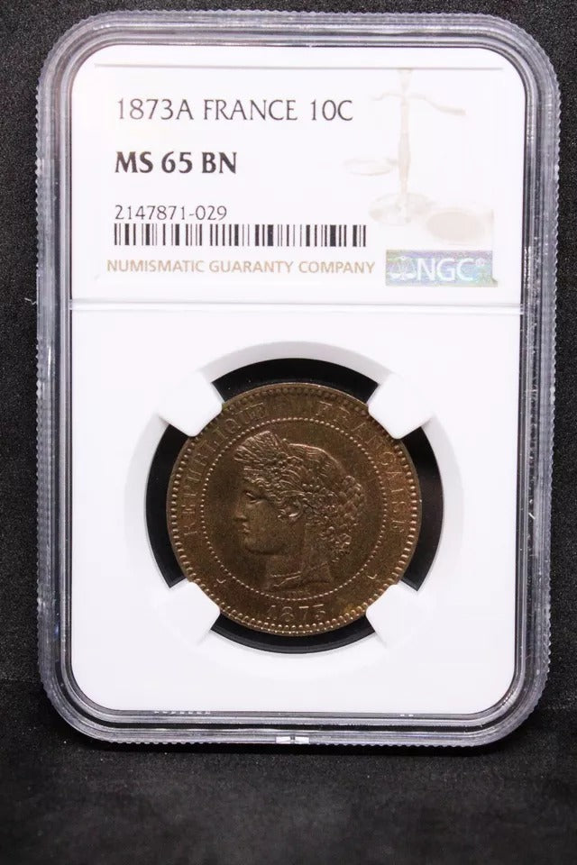 10 Centime 1873-A. France. KM-815.1 UNC NGC MS65 BN Top Pop