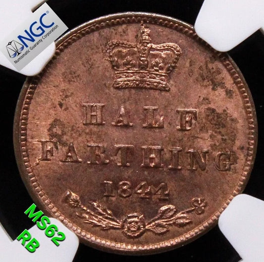 1844 1/2 farthing, Victoria young head colonial coinage UNC+lustre NGC MS62RB