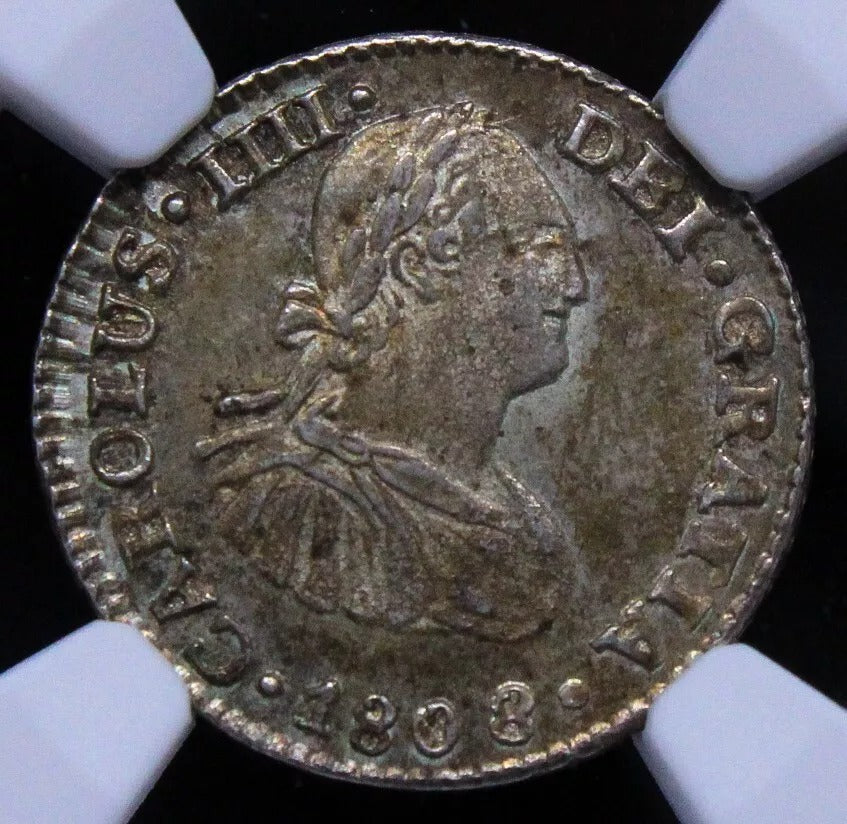 1/2 real 1808 Mo-Th. Mexico, Charles IV. KM-72. NGC MS65. Top Pop