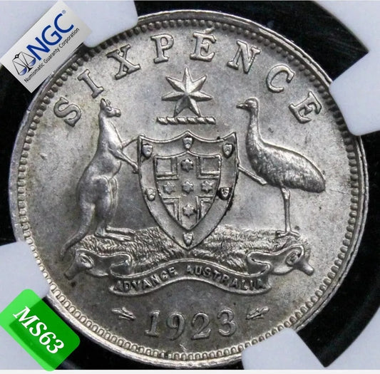 1923(S+M) Australia 6 pence, NGC MS63. King George V. Rare date in high grade